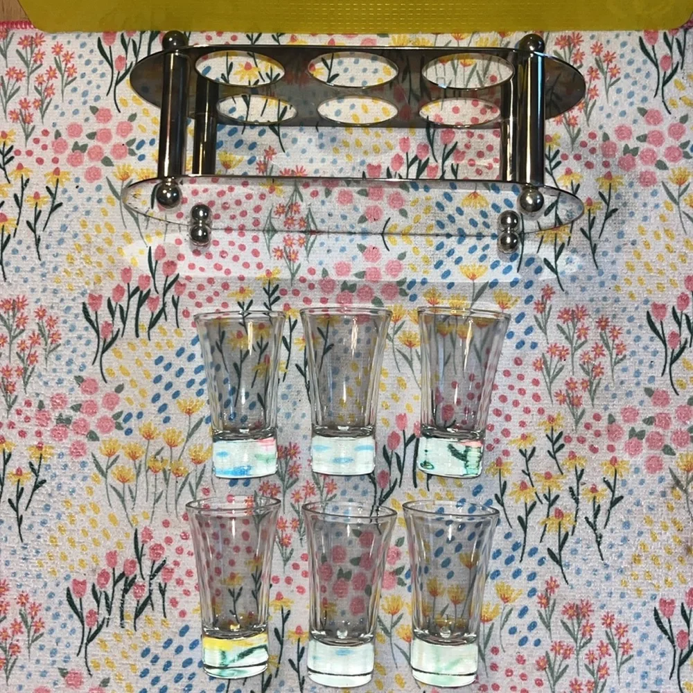 Mid-Century Modern Bar Caddy with 6 Cordial‎ Glasses